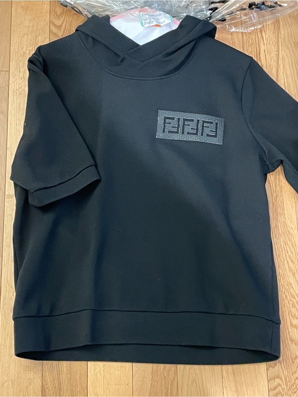 Fendi Black Short-Sleeve Hooded Sweatshirt with Tonal Logo